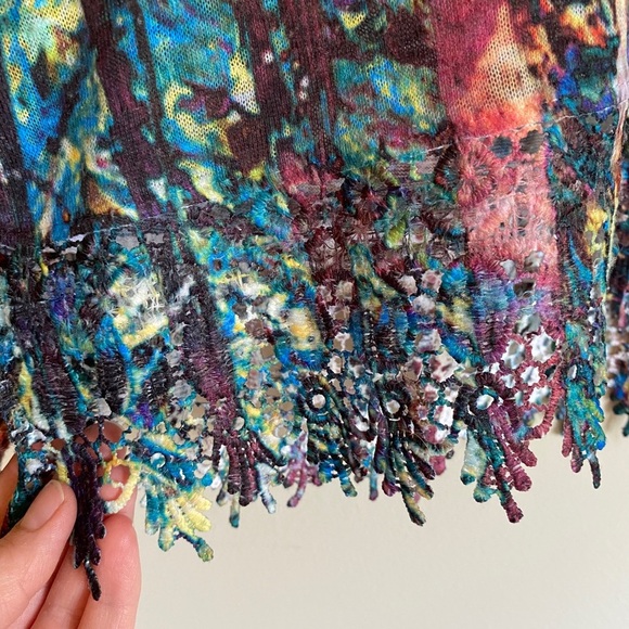 FDJ Colourful Abstract Women's Long Sleeve Top Fringe Hem - Picture 3 of 4